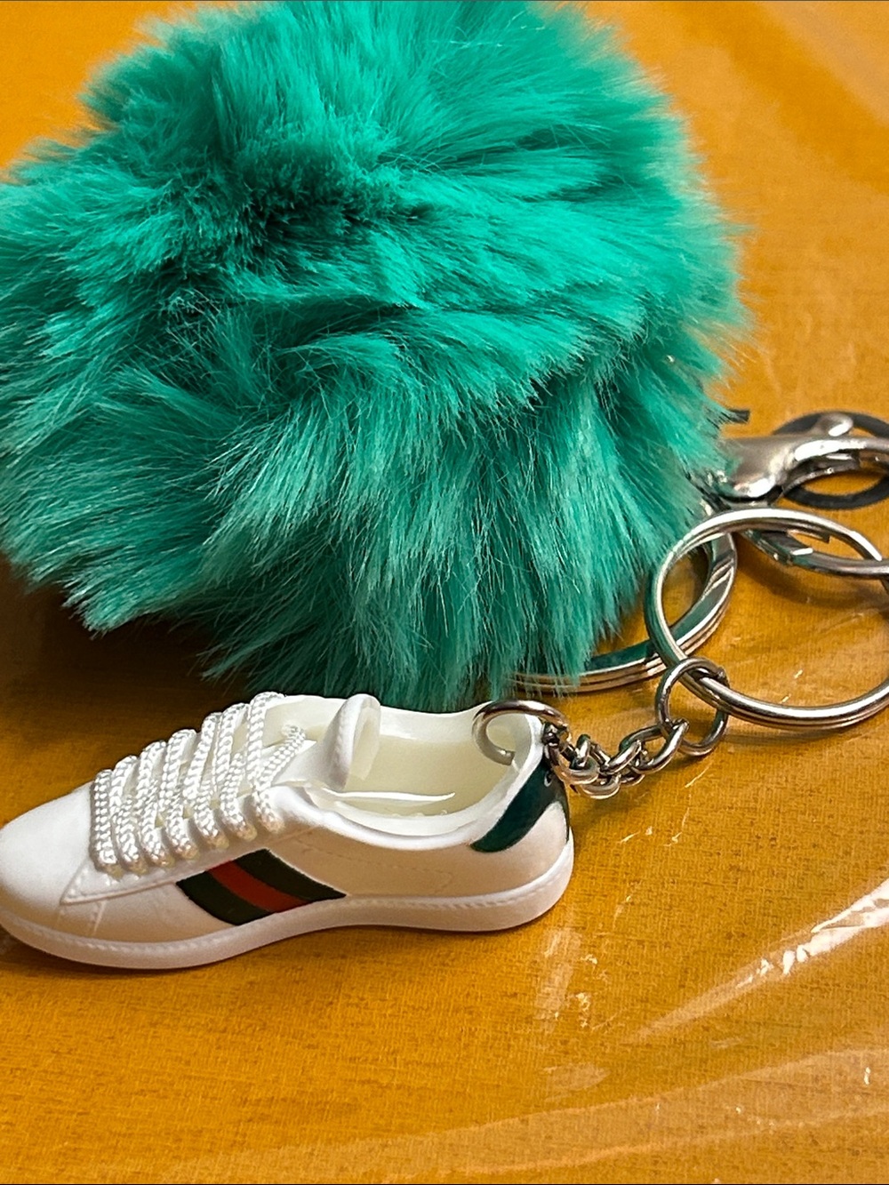 White Mini Sneaker Keychain with Green Pom Pom